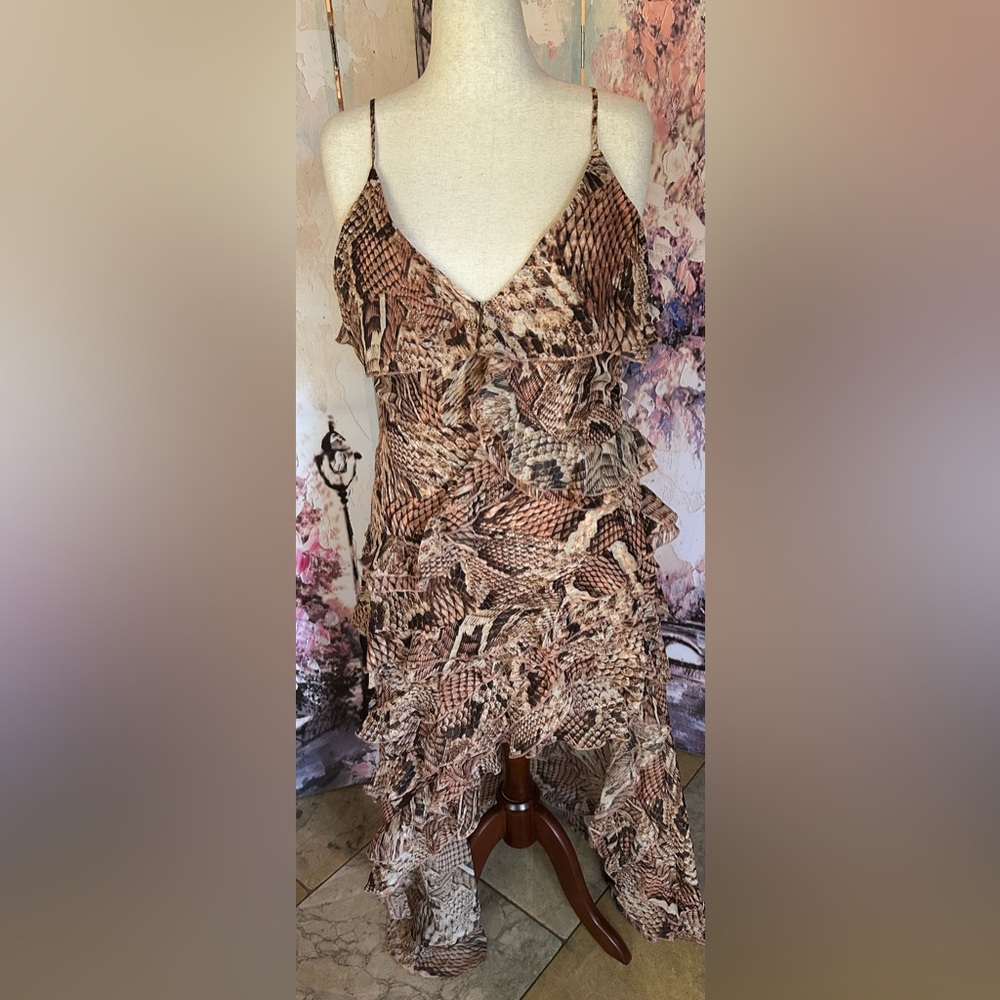Boston Proper - High/Low Ruffled Snake Patterned Dress. Size 16.